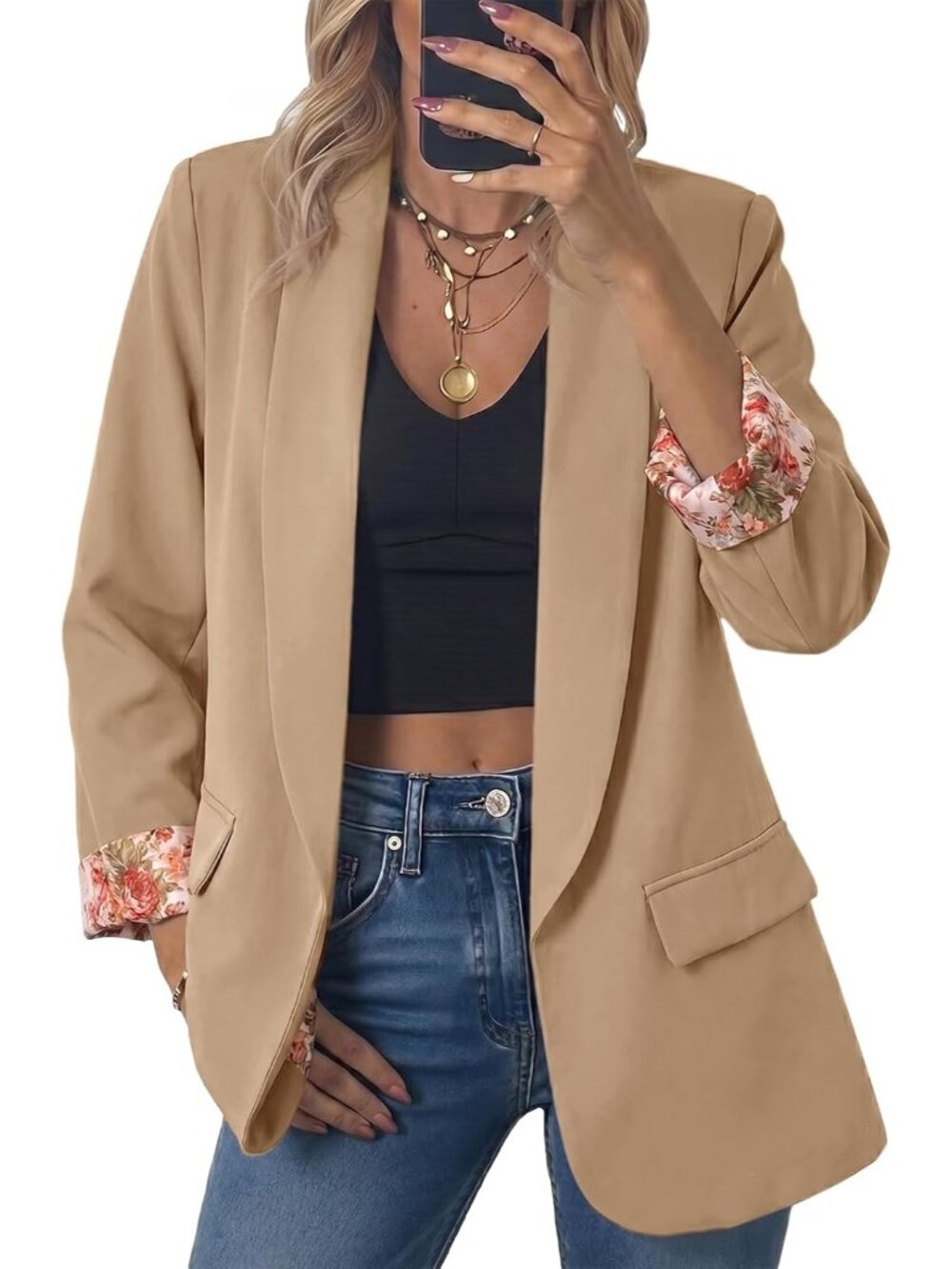 Womens Caramel Oversized Open Front Shawl Collar Floral Cuff Classic Suit Jacket